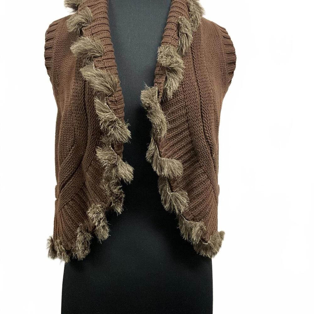 Brown Cable Knit Sweater Vest Faux Fur Trim M